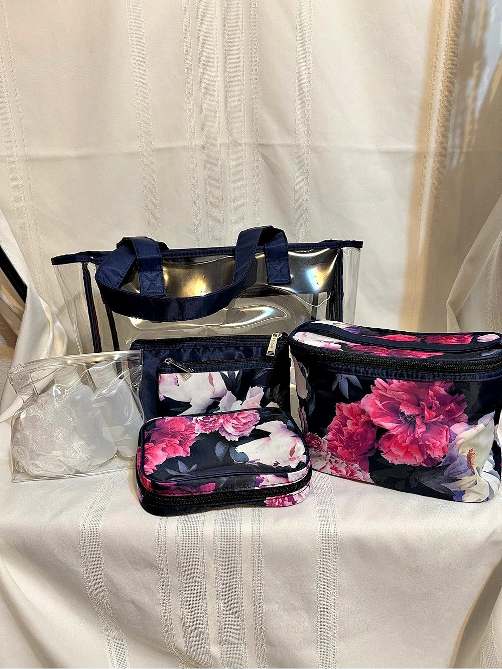 Modella Cosmetic Accessory Set 6 Case in Midnight Blue/Black Pink Floral Travel